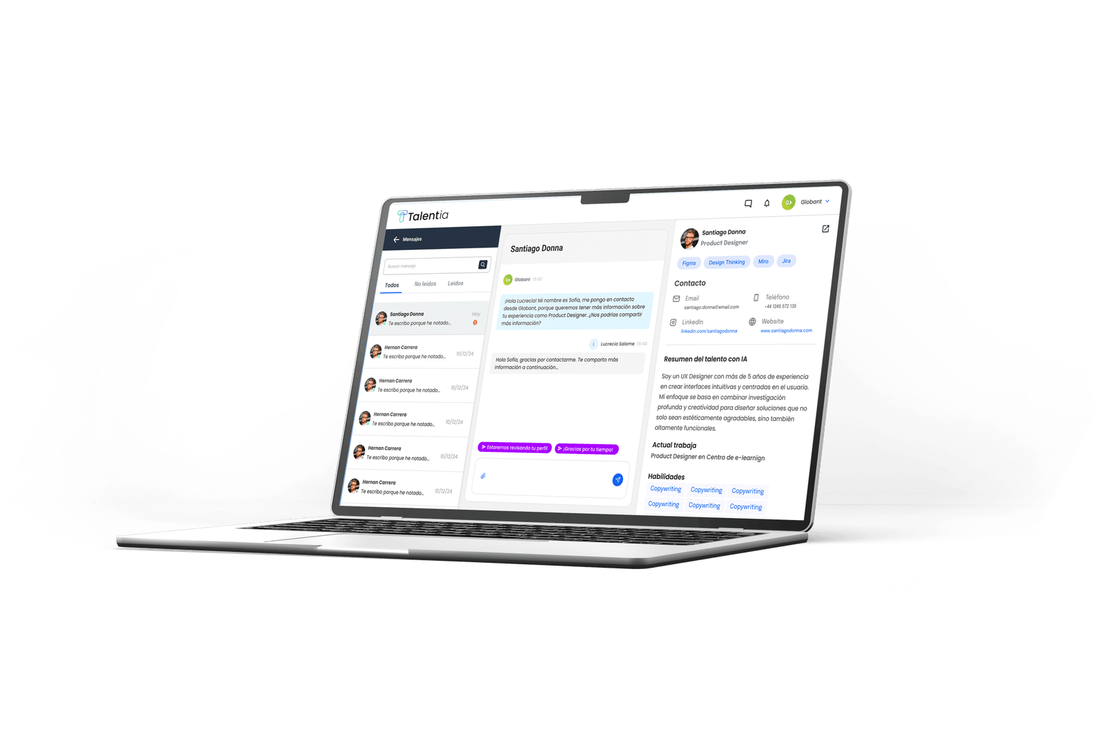 La plataforma de Talentia: talentos, mensajería y seguimiento de postulaciones