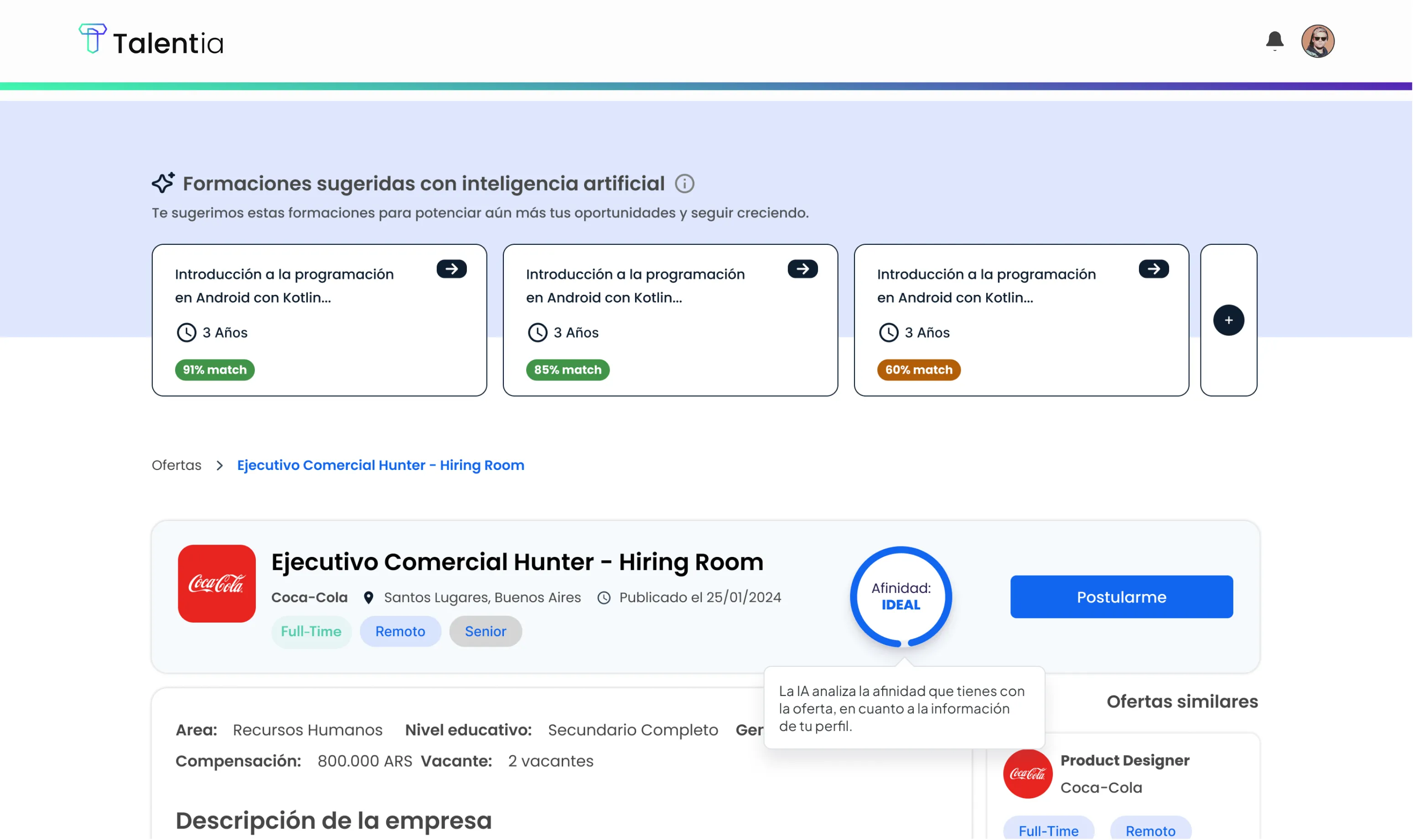 Recomendador de formaciones con IA mostrando cursos sugeridos con porcentaje de match y detalle de oferta laboral con afinidad