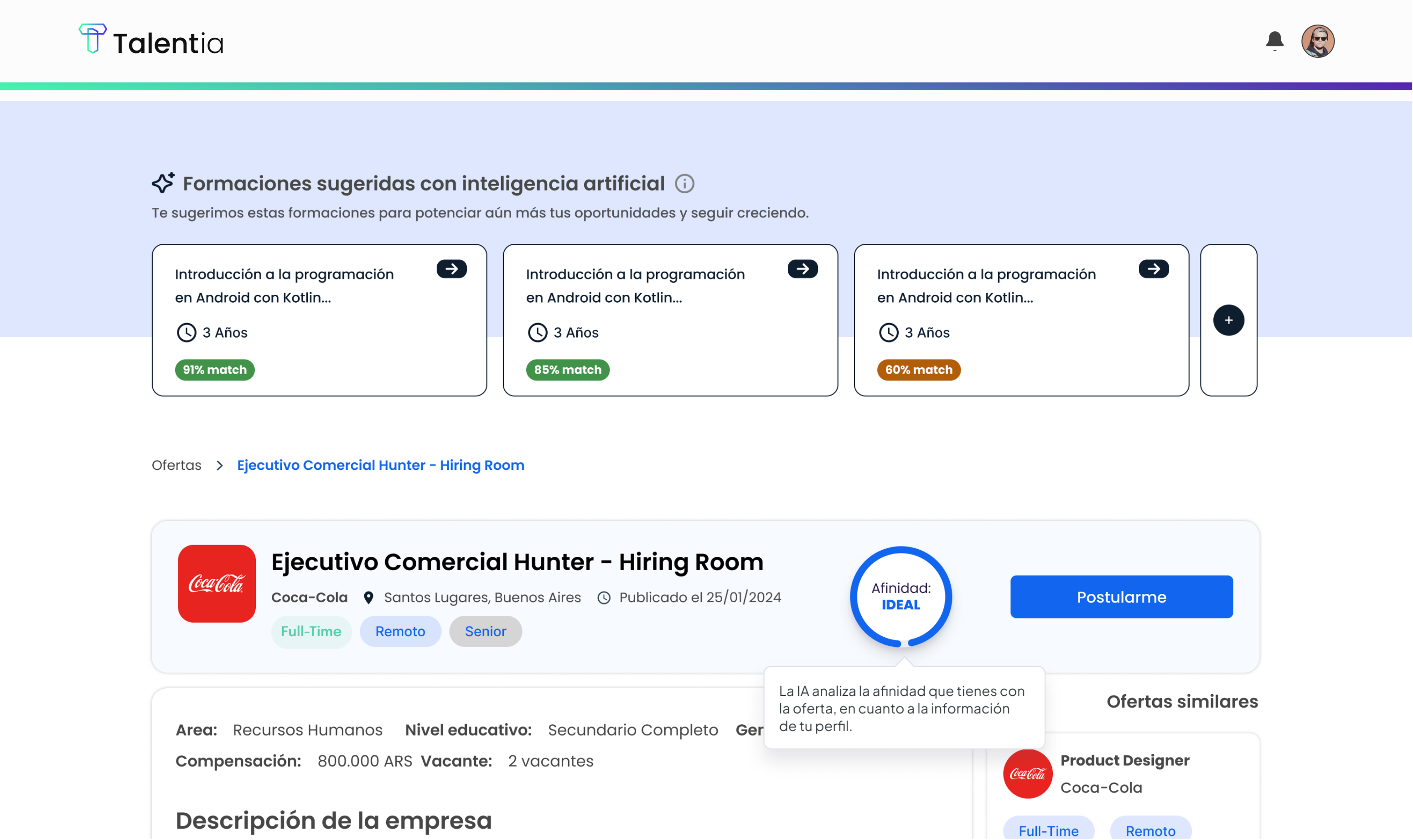 Recomendador de formaciones con IA mostrando cursos sugeridos con porcentaje de match y detalle de oferta laboral con afinidad