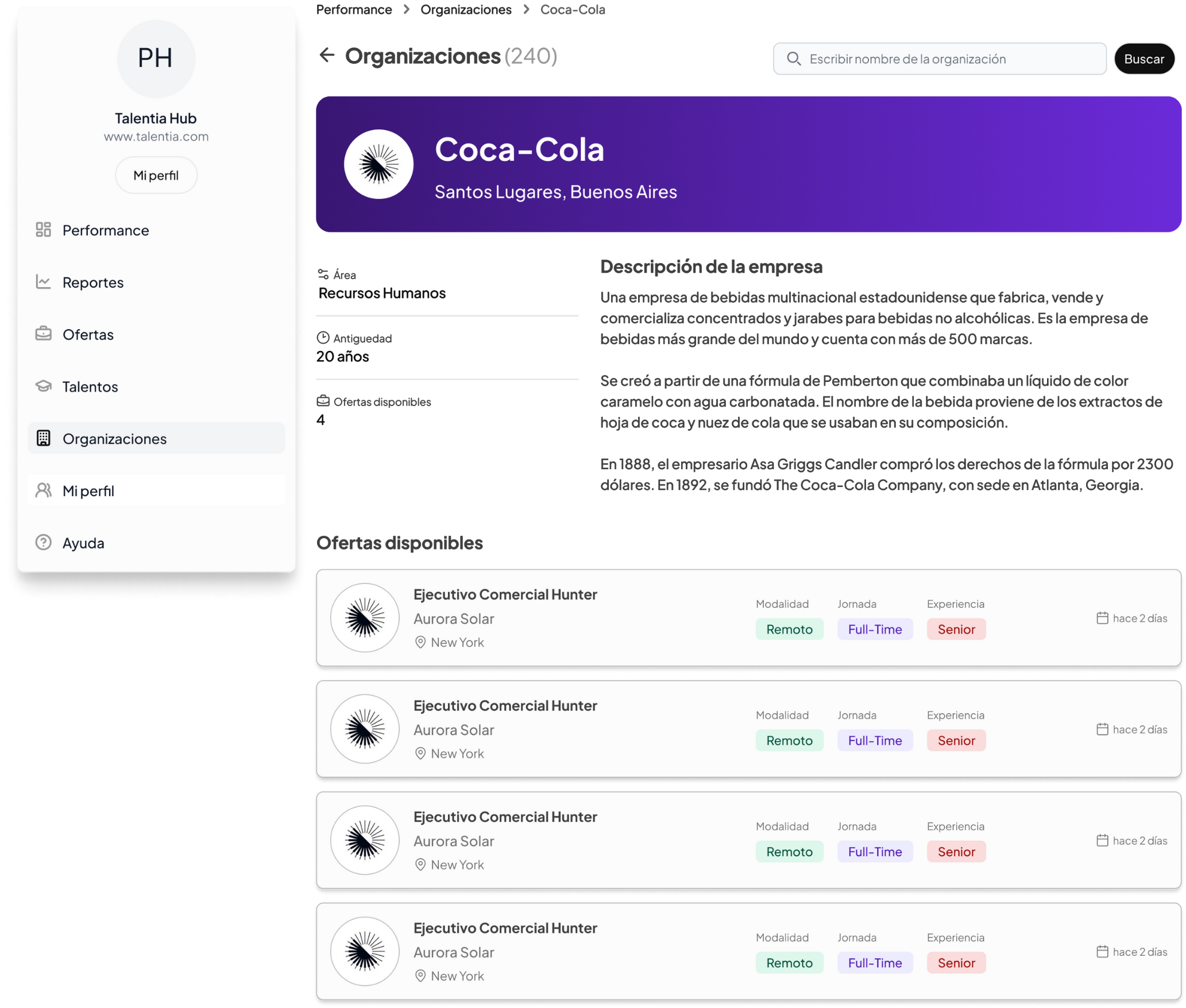 Panel de organizaciones de Talentia Hub mostrando el perfil de una empresa con sus ofertas disponibles