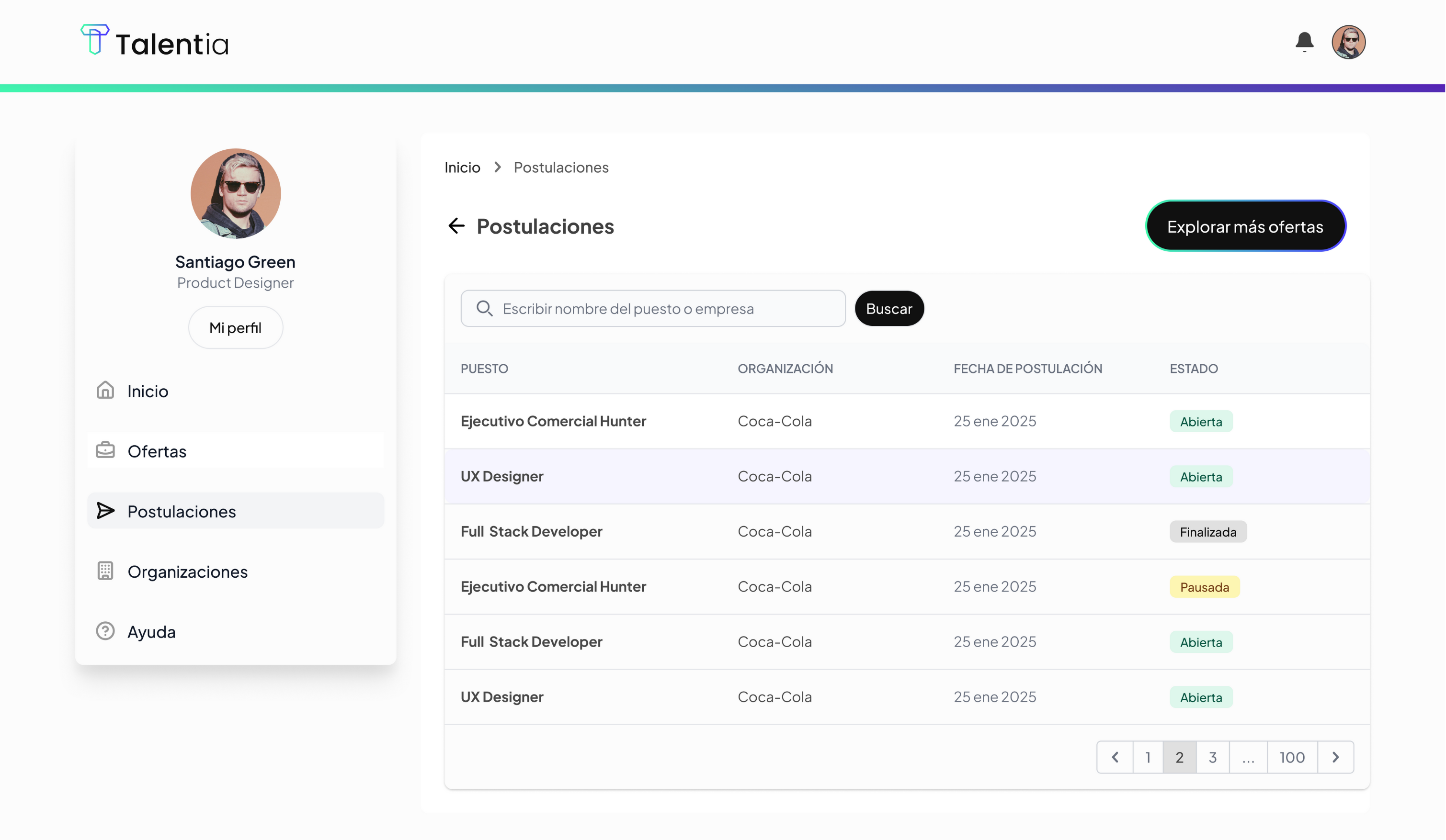 Panel de postulaciones de Talentia mostrando el seguimiento de aplicaciones con estado, organización y fecha
